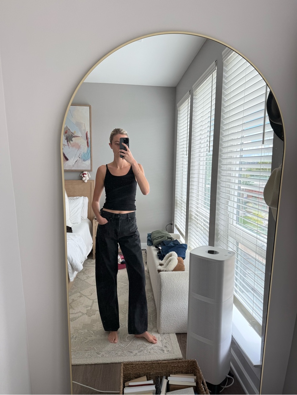 High-Rise, Long-inseam, Barrel Black Jeans